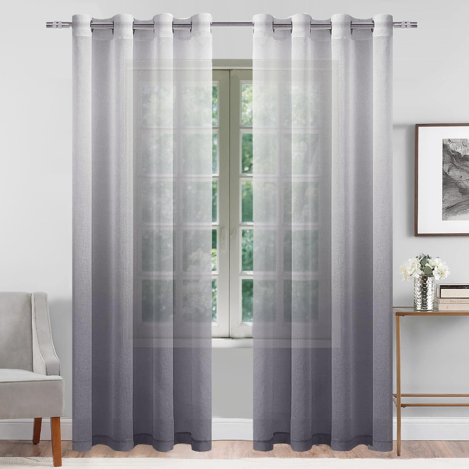 DWCN Grey Ombre Sheer Curtains - Gradient Semi Voile Grommet Top Window Curtains for Bedroom and Living Room, Set of 2 Panels, 52 x 84 Inches Long