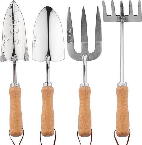 Juego de herramientas de jardín resistentes, pala graduada de acero inoxidable, tenedor de mano, rastrillo de mano, pala de trasplante con escala,