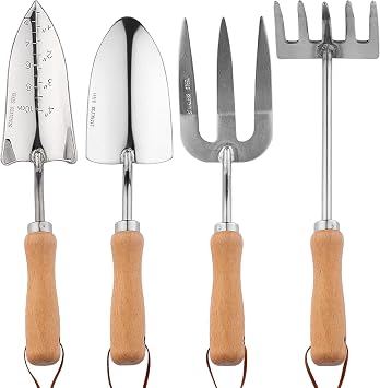 Heavy Duty Garden Tool Set, Stainless Steel Graduated Shovel, Hand Fork, Hand Rake, Transplant Shovel with Scale, 4Pcs Heavy Duty Hand Tools Set for Garden Planting Garden Hand Tool Set