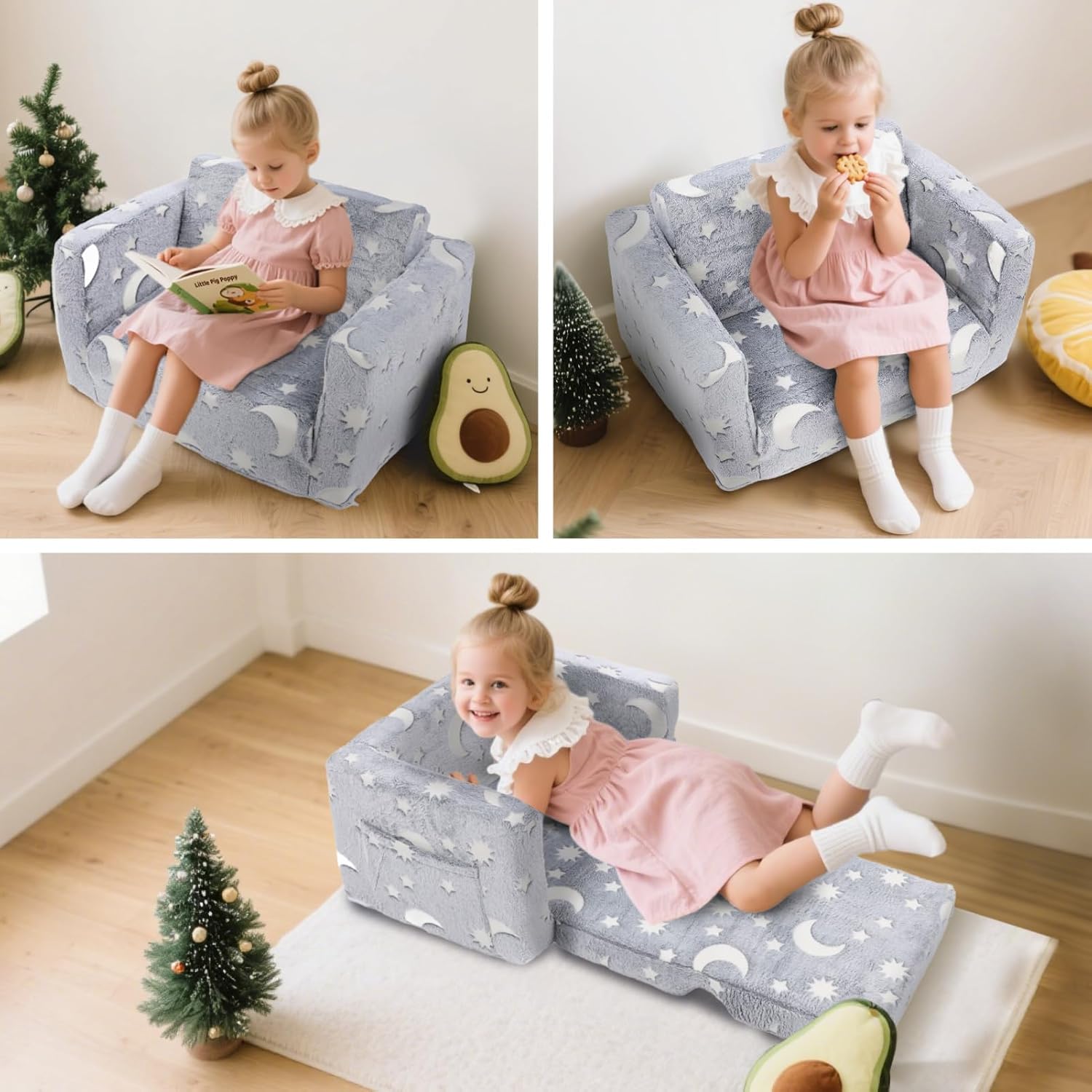 GOTOTOP Toddler Armchair, 2 in 1 Sofa Chair in The Dark Velvet Kid Floor Mattress Children Convertible Sofa to Lounger Kid Couch for Bedroom Playroom