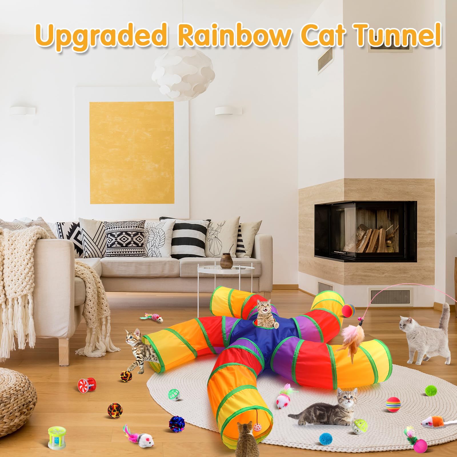 Poen Juego de 21 juguetes para gatos con túnel plegable de 5 vías para gatos de interior y 20 juguetes interactivos de plumas para gatos, bolas arrugadas, tubo grande para cachorros, gatitos, conejos