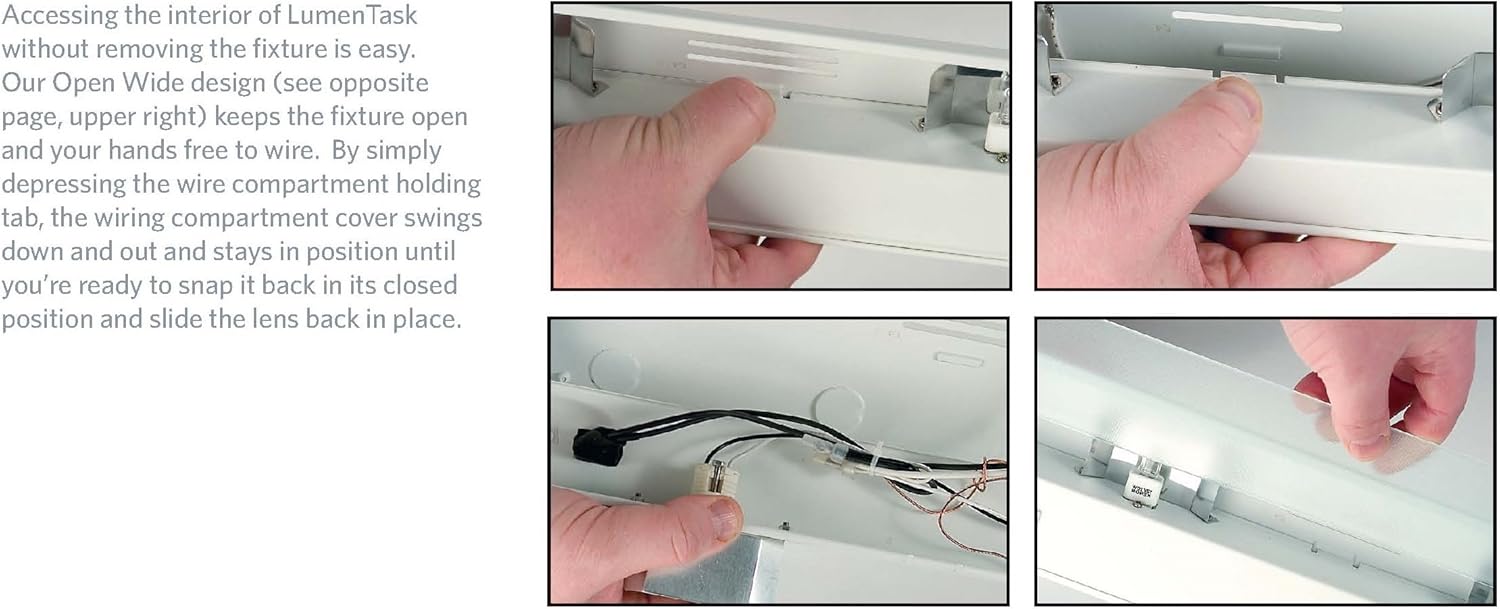 Sequence of images showing how to open the wiring compartment, access wiring, and replace the lens.
