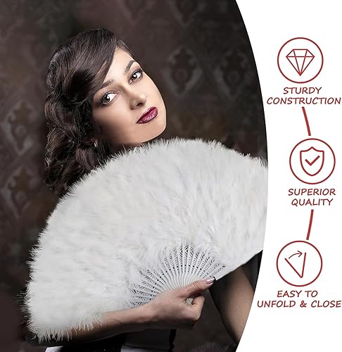 Miniatura 60 de Abanico de mano de plumas, abanico de plumas de marabú de estilo vintage de los años 20, ventilador de plumas de mano plegable para espectáculos