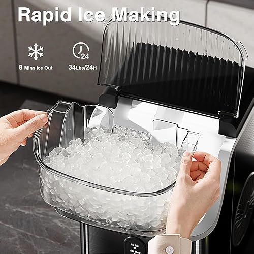 Miniatura 3 de Máquina de hielo para encimera de pepitas con hielo de pellets masticable suave, limpieza automática, 34 libras24 horas, máquina de hielo de