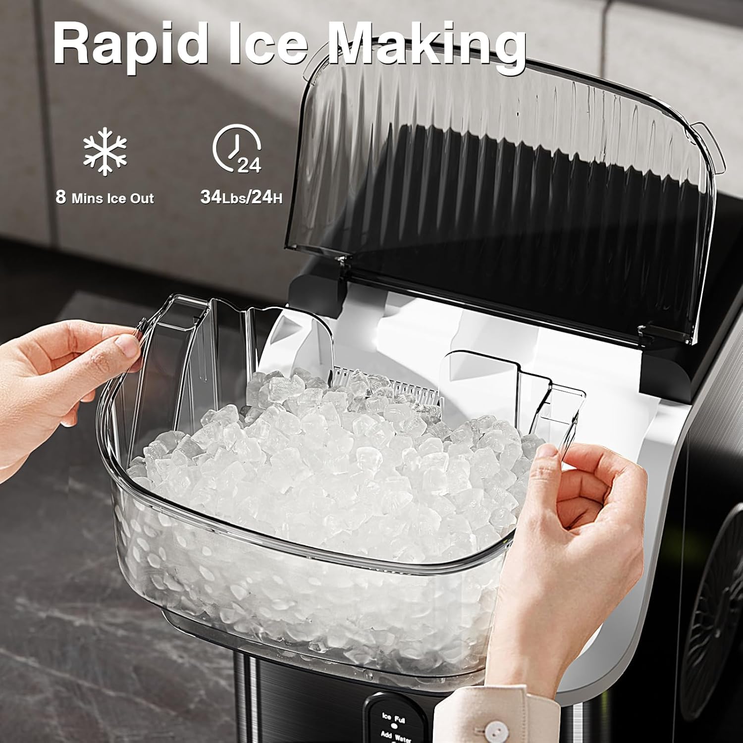 Antarctic Star Nugget Ice Makers Countertop, Portable Ice Machine With Ice Scoop & Basket, 34lbs/24h, Self-Cleaning, One Click Operation For Camping/RV/Party (Stainless Steel Black) on Fridge.com - View 3