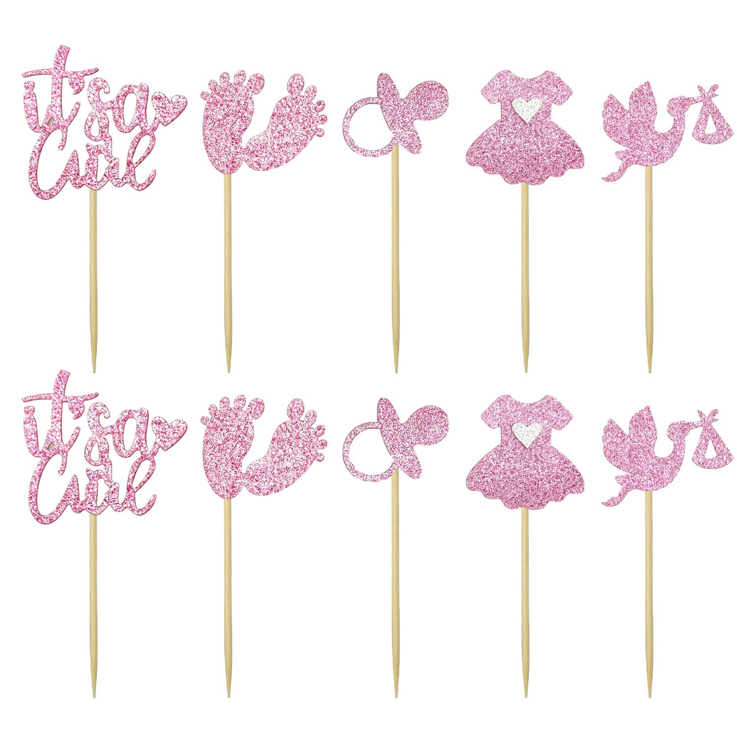 CHEERY-MAGIC Baby Shower Cupcake Picks, Baby Girl Cupcake Toppers, It's a Girl Baby Shower Cake Toppers with Glitter Swan Pacifier Jumpsuit, Baby Birthday Party Cake Decorations