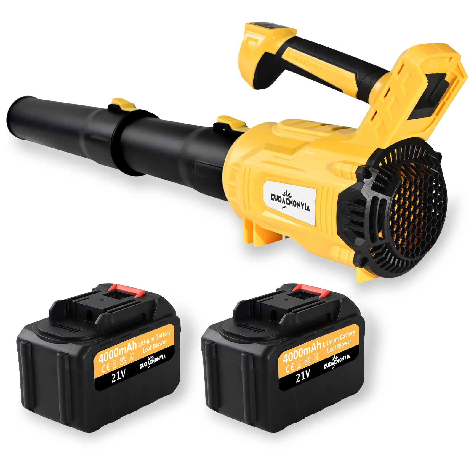 Soffiatore per foglie senza fili, 350 W, 4000 mAh, batteria al litio con 2, velocità regolabile (giallo)
