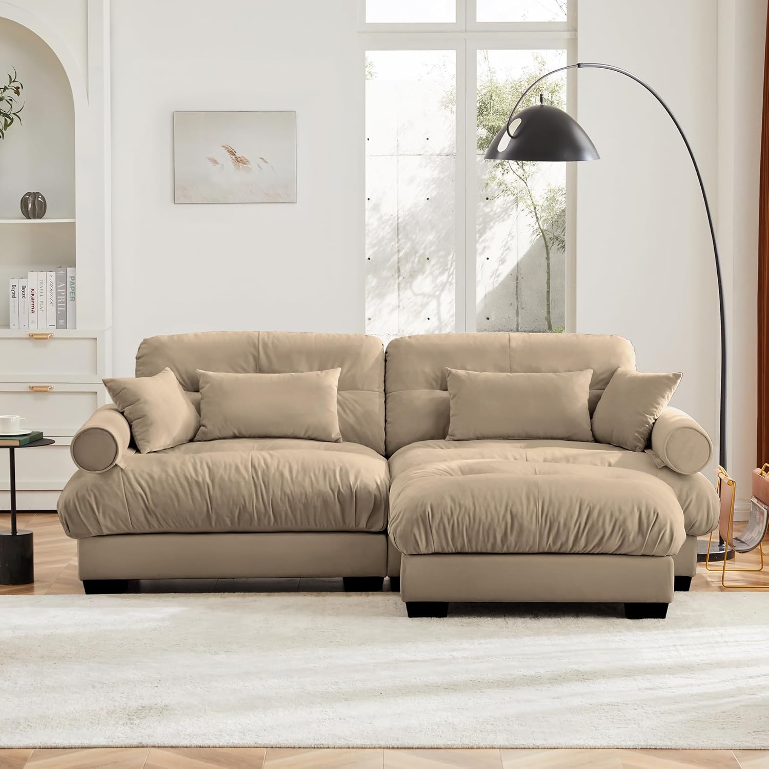 Modular Sectional Sofa L Shaped Couch, 2 Seater Recliner Sofa Sectional Couches for Living Room, Oversized Cloud Couch for Bedroom, Deep Seat Sofas Comfy Velvet Loveseat with 4 Pillows, Camel