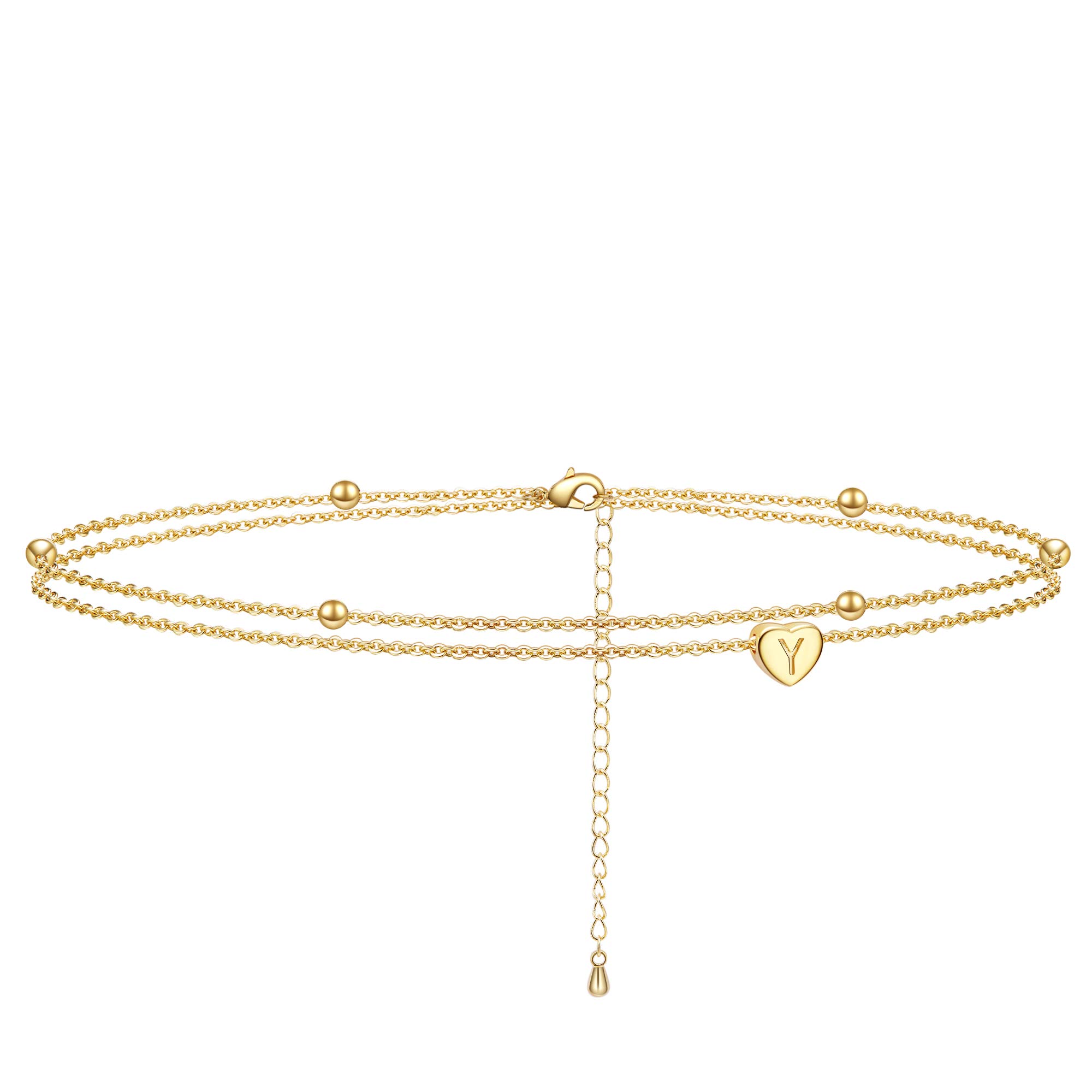 LdurianLayered Initial Heart Anklet for Women - Personalized 14K Gold Plated Little Cute Heart Letter Ankle Bracelet - Dainty Foot Jewelry Gift for Her