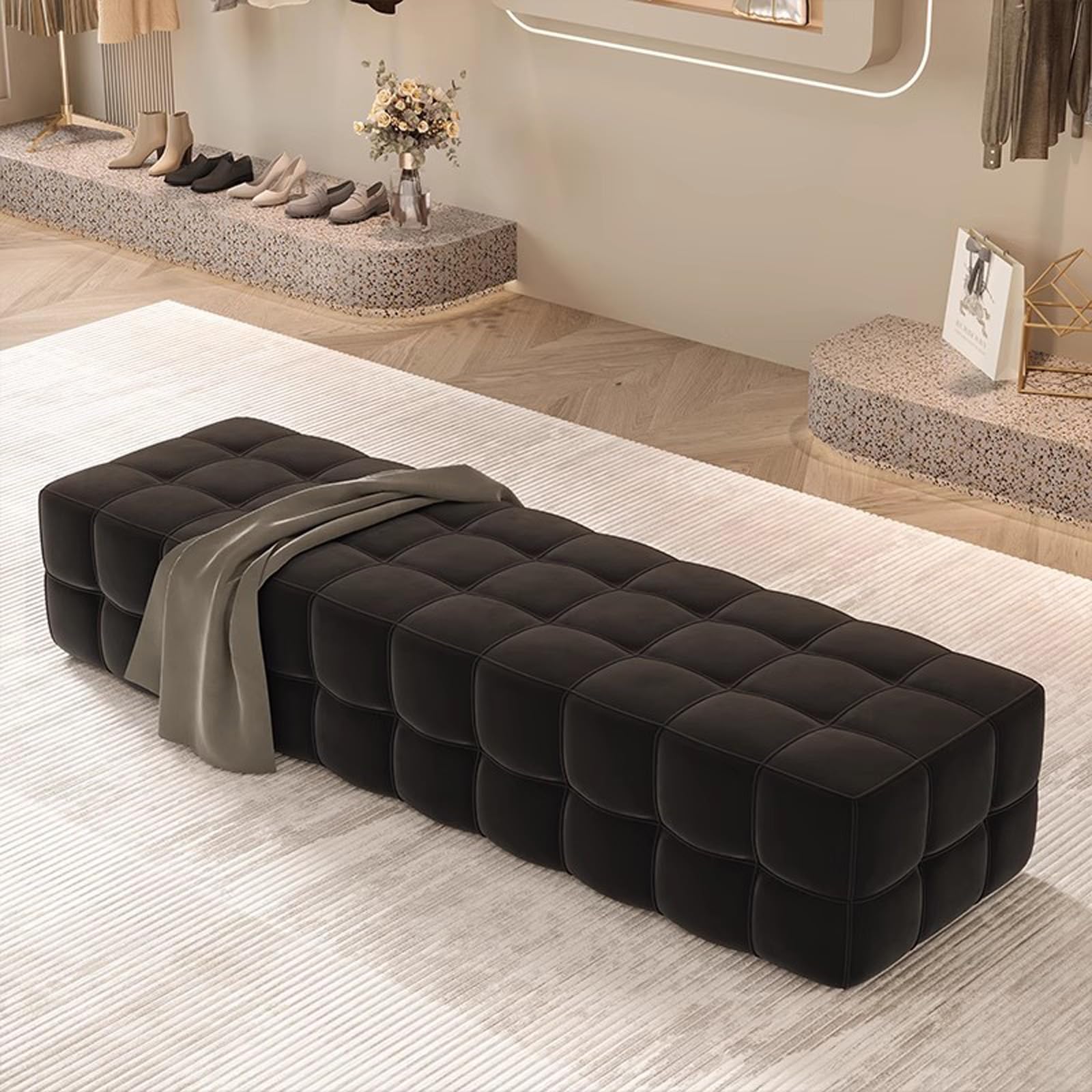 OIFAODAO Velvet Ottoman Bench(Black,60X50X43cm)