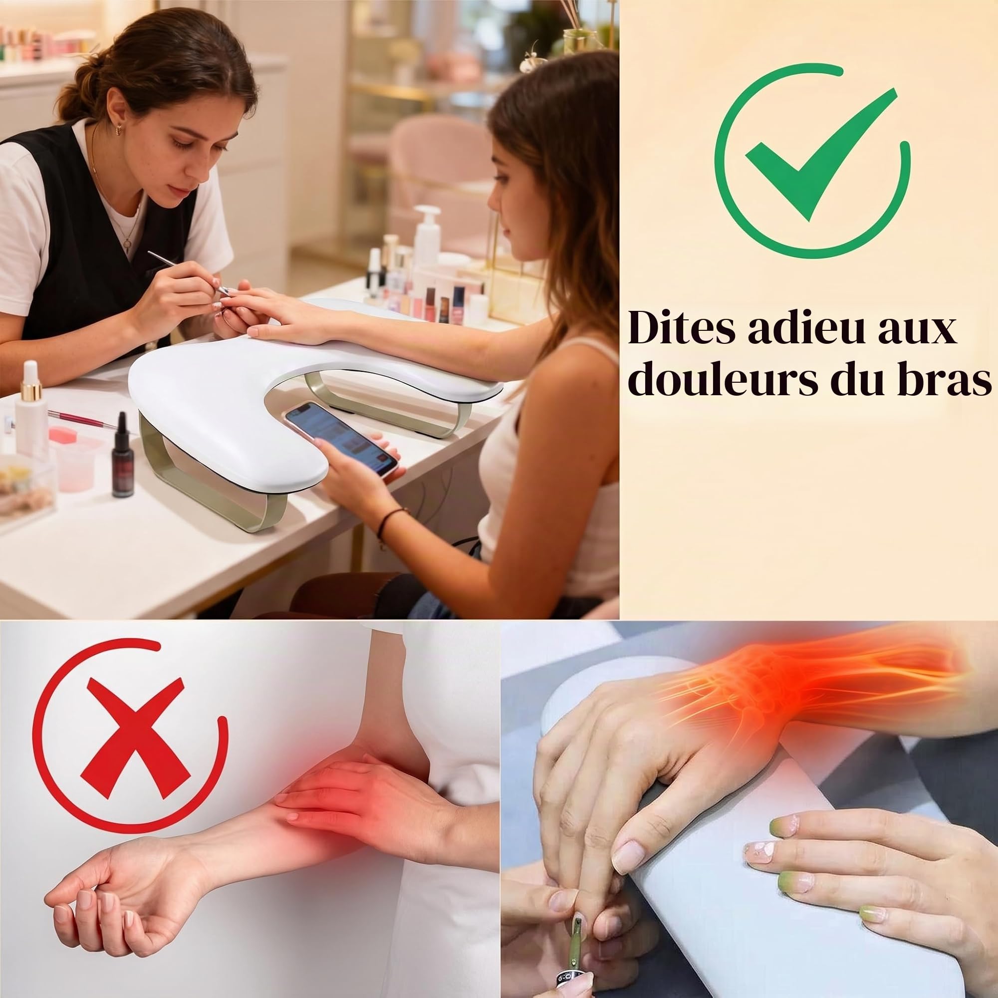 Accoudoir à ongles avec support de téléphone : pliable/réglable/rotatif à 360 ° - Accoudoir en U pour ongles avec repose-pieds incurvé doré - Angle d'inclinaison de 45° - Repose-main pour manucure