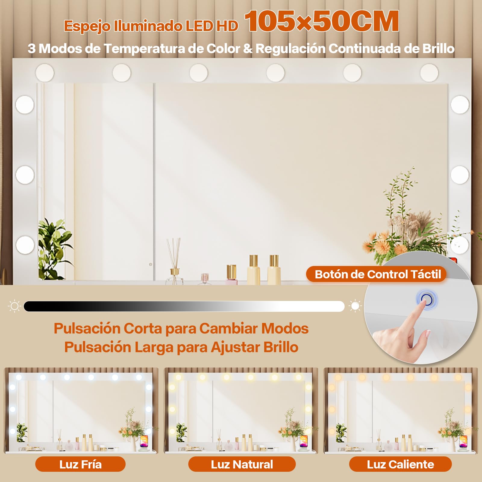 TRIUMPHKEY Tocador de Maquillaje con Luz Espejo Grande y Enchufes, 12 Luces LED Ajustables, Mesa de Maquillaje con 7 Cajones y Organizador de Joyas, 120x40x140 CM Moderno Blanco
