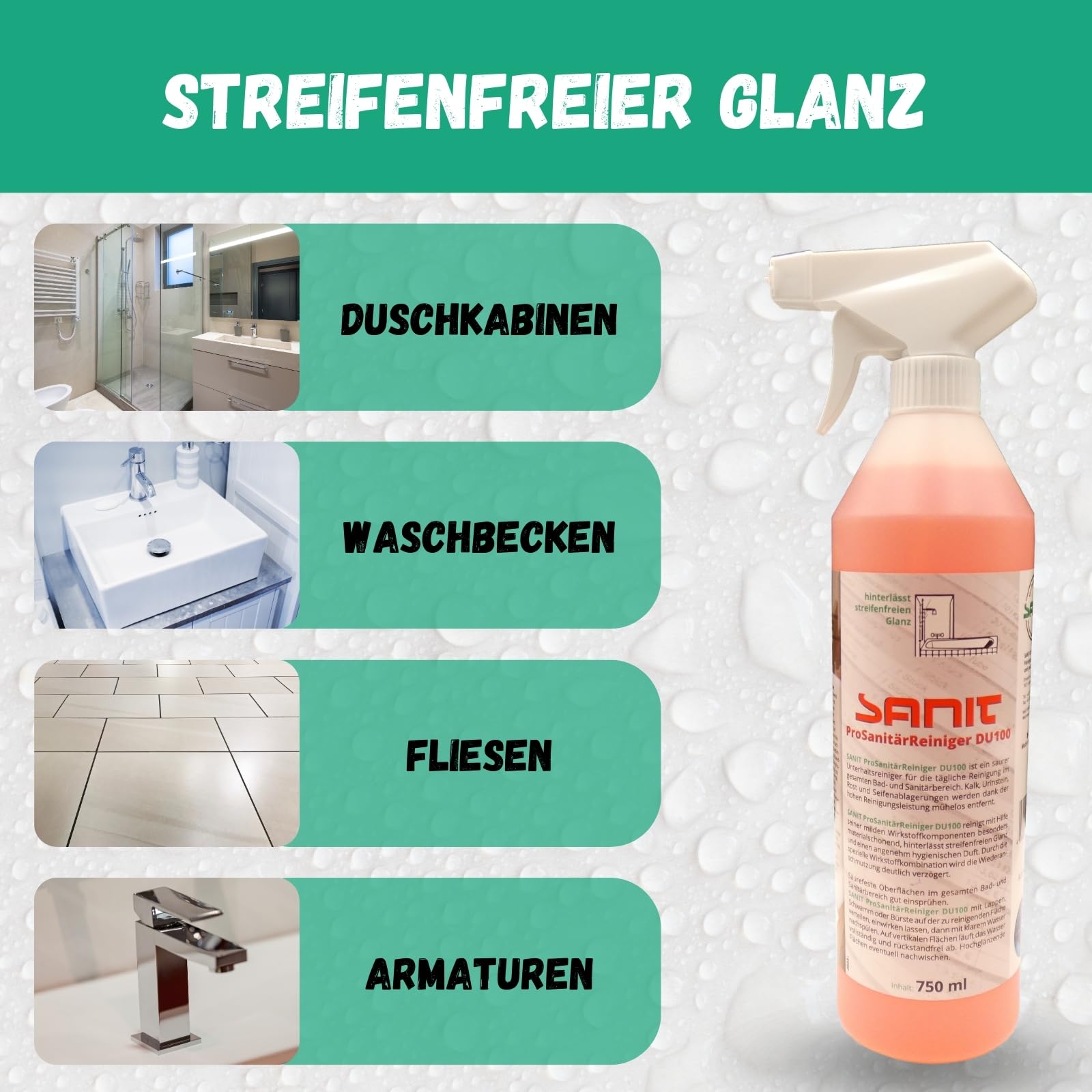 DEWEPRO Set: SANIT ProSanitärReiniger DU100 (3025) - 3 Flaschen à 750ml - Badreiniger - hervorragende Kalklöser mit Abperleffekt inkl. 1 St. DEWEPRO® Single Scrubs