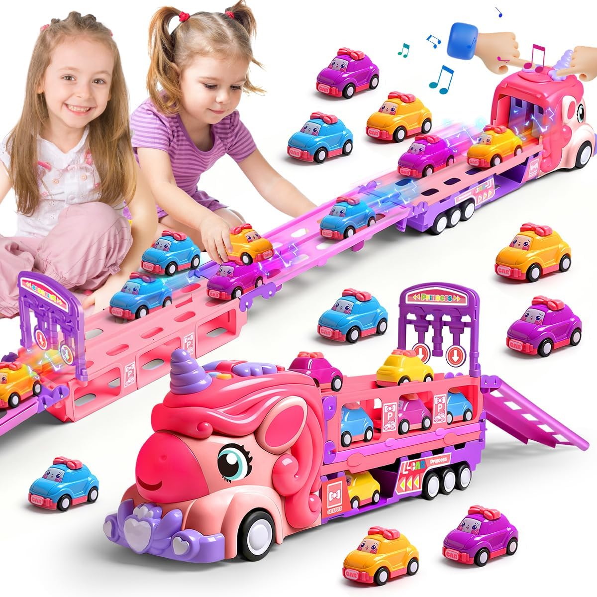 Unicorn Car Toys for Age 3 4 5 6 Year Old Toddler Girl, Foldable Track & 2 Player Race Mode Game, Light & Sound Push Transport Carrier Truck W/ 9 Princess Toy Cars, Birthday Gift for Girls Age 4-6