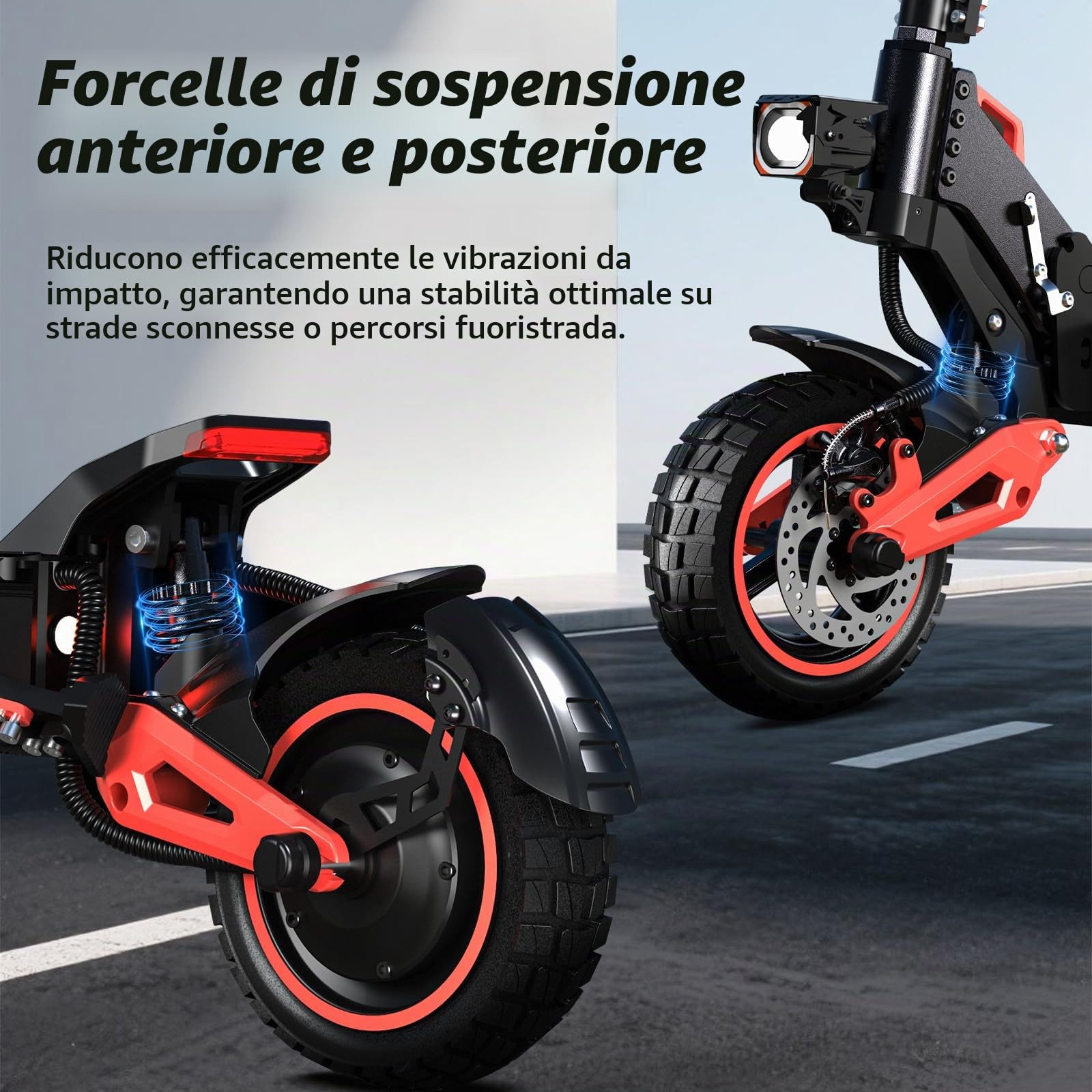 Monopattino Elettrico Adulto Fuoristrada, Ruote 11 Pollici, Autonomia 45-50KM, Doppia Sospensione, Doppio Freno a Disco, Pieghevole, Batteria 48V, Scooter Elettrico per Città e Off-Road