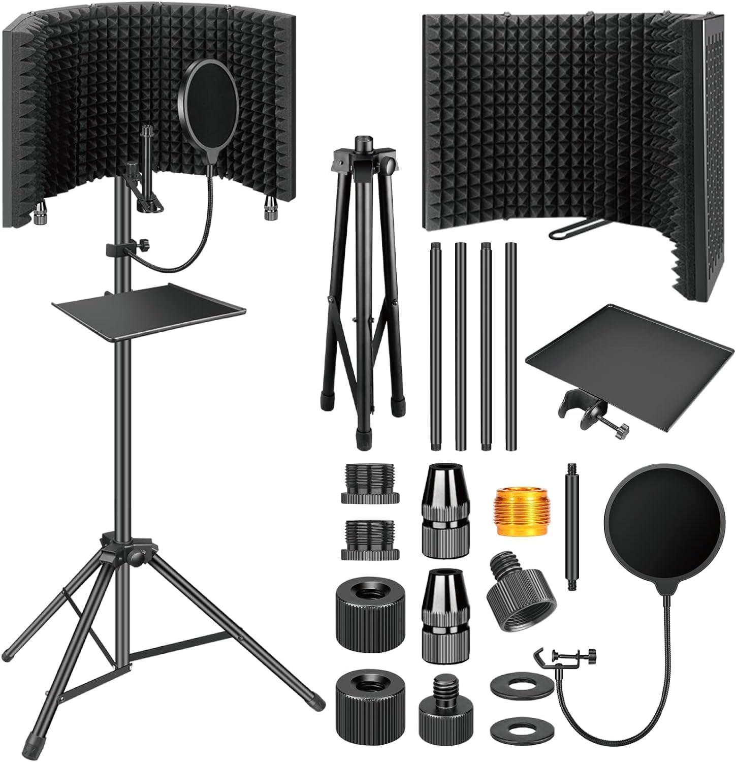 Microphone Isolation Shield with Pop Filter & Tripod Stand, Foldable Mic Isolation Shield with Triple Sound Insulation And High-Density Foam, Used for Studio, Podcast, Singing