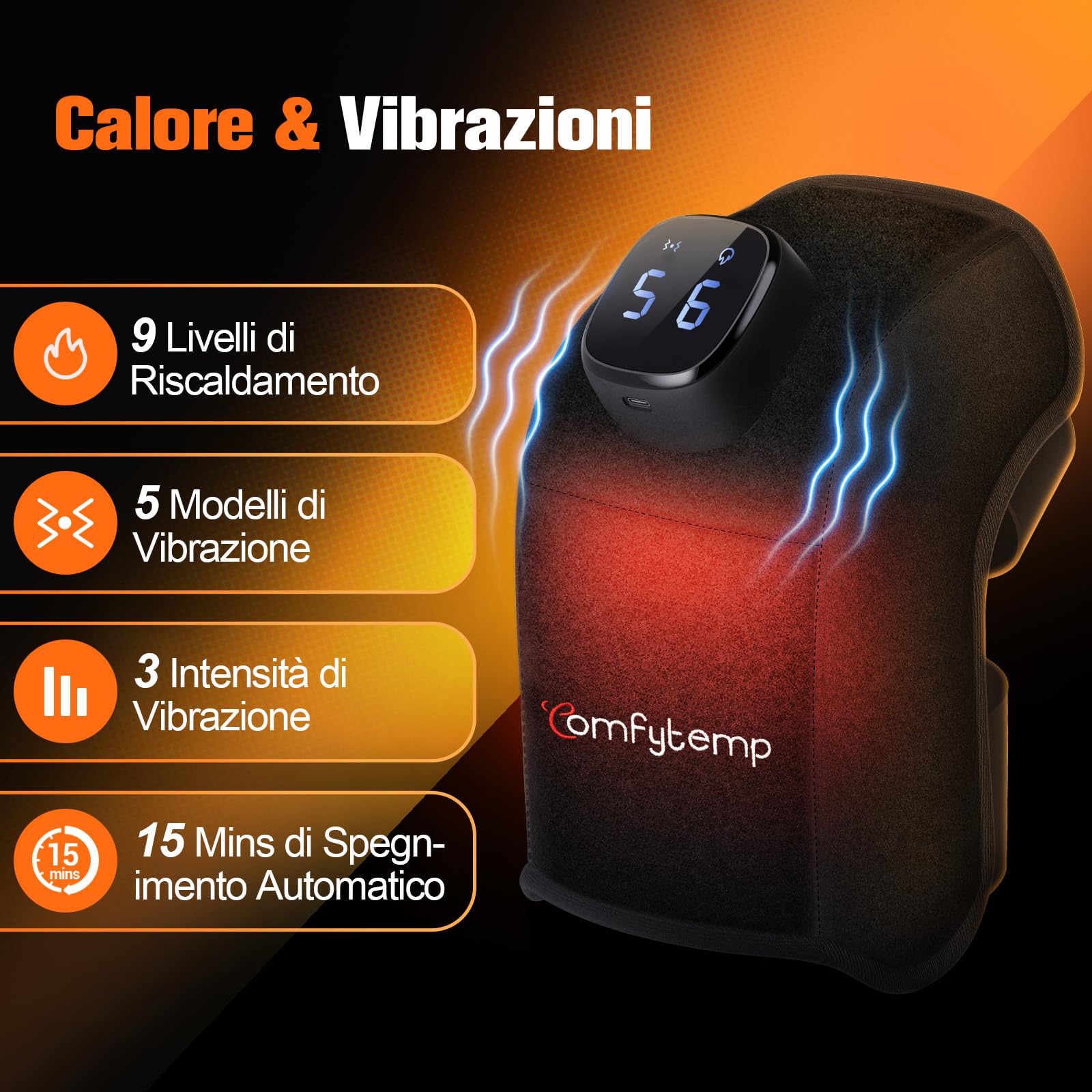 Comfytemp Massaggiatore per Ginocchio Senza Fili con Calore, 9 Livelli di Calore e 5 Vibrazioni, Ginocchiera Riscaldante, Guarnizione Riscaldante 3D Portatile Controllabile via APP