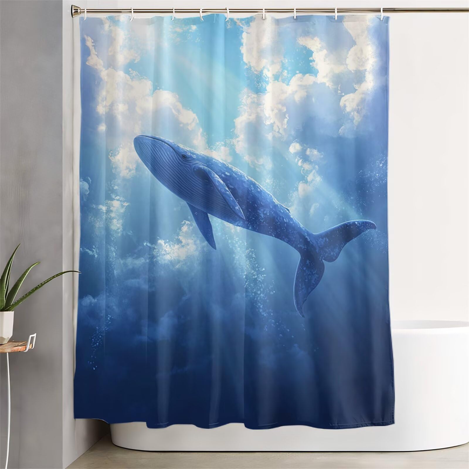 Niebieska zasłona prysznicowa 200 x 240 cm, bardzo długa zasłona prysznicowa do łazienki, wieloryba, wodoodporna zasłona na drzwi z haczykami i obciążonym obszyciem, nadaje się do prania