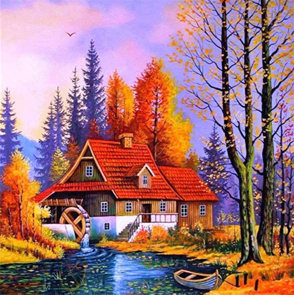 Meecaa Cross Stitch Kits 11 Count Stamped, Autumn Landscape House Villa Lake Embroidery Kit with Accessories Pre Printed (50CMx50CM) (Autumn)
