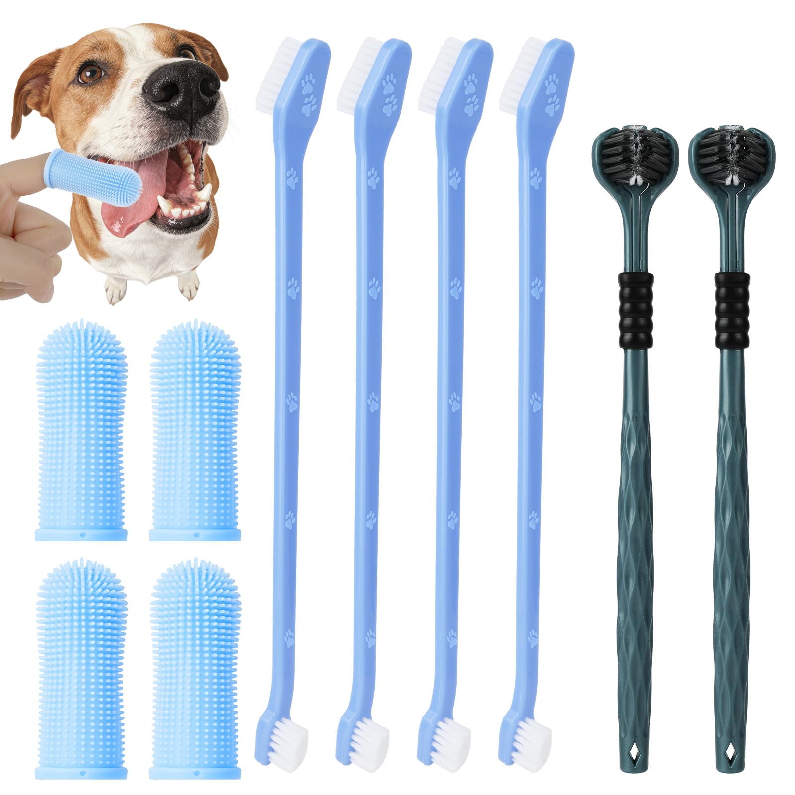 HOTUT 10PCS Cepillos De Dientes Para Mascotas,Limpieza De Dientes De Mascotas De 360º Con Cepillos De Dientes De Doble y Triple Cabezal,Cepillo De Bucal De Dedo,Kit De Limpieza Bucal Para Animales