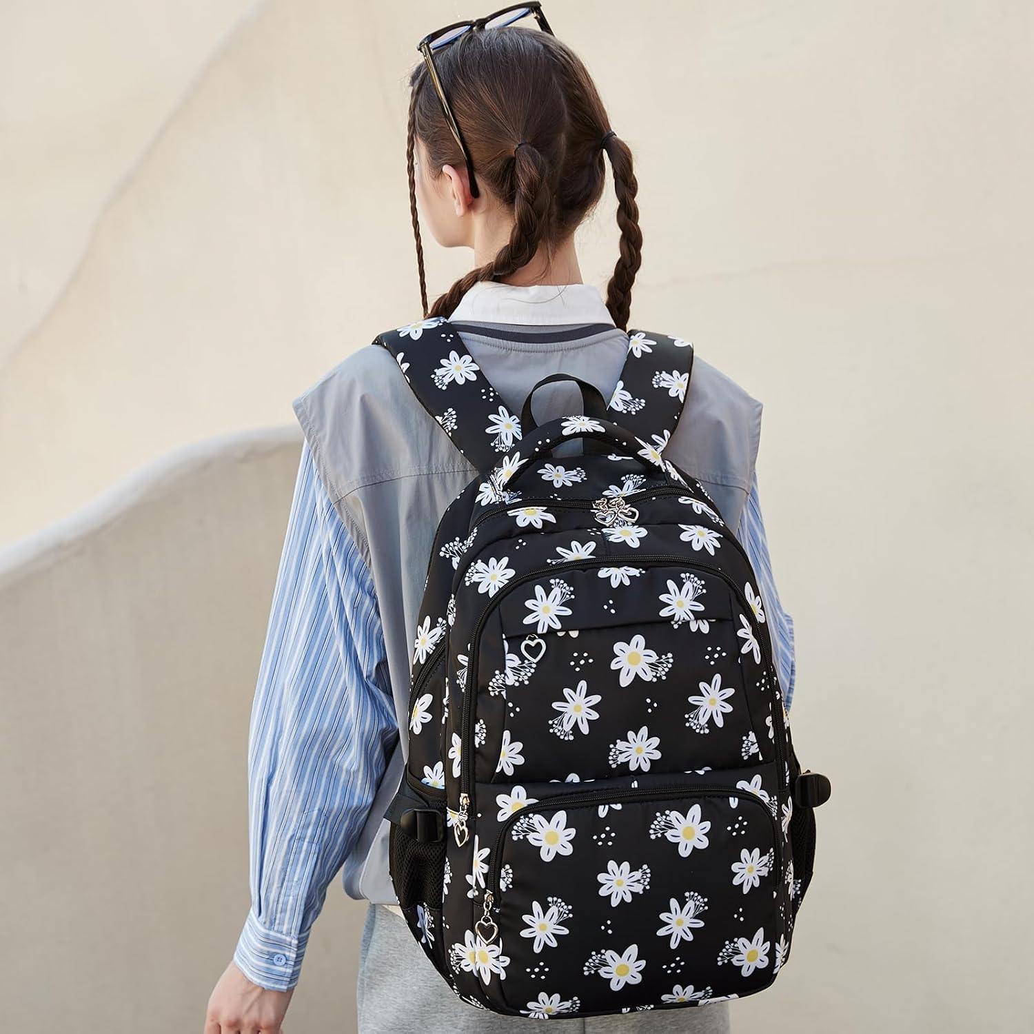 Joyfulife Daisy Prints Backpack and Lunch Box for Girls, Kids Backpack for Girls Elementary Primary Middle School Bags Teen Bookbags Backpack with Lunch Box and Pencil Case