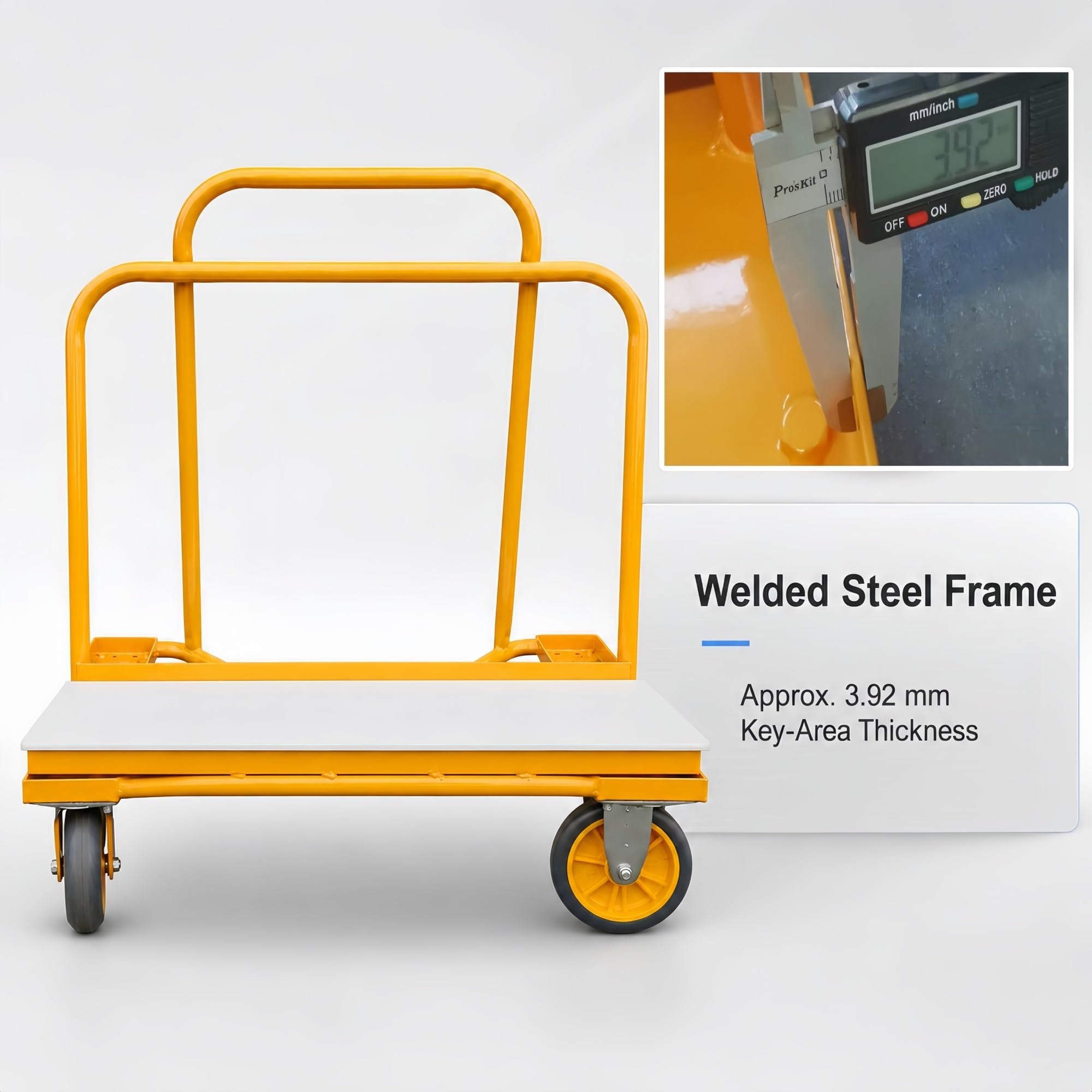 Plattenwagen aus Stahl mit Schwenkrollen for Glas- und Steinplatten | Zwei Rollen mit Bremse und eine 96,5 × 25,4 cm große Nylonplattform