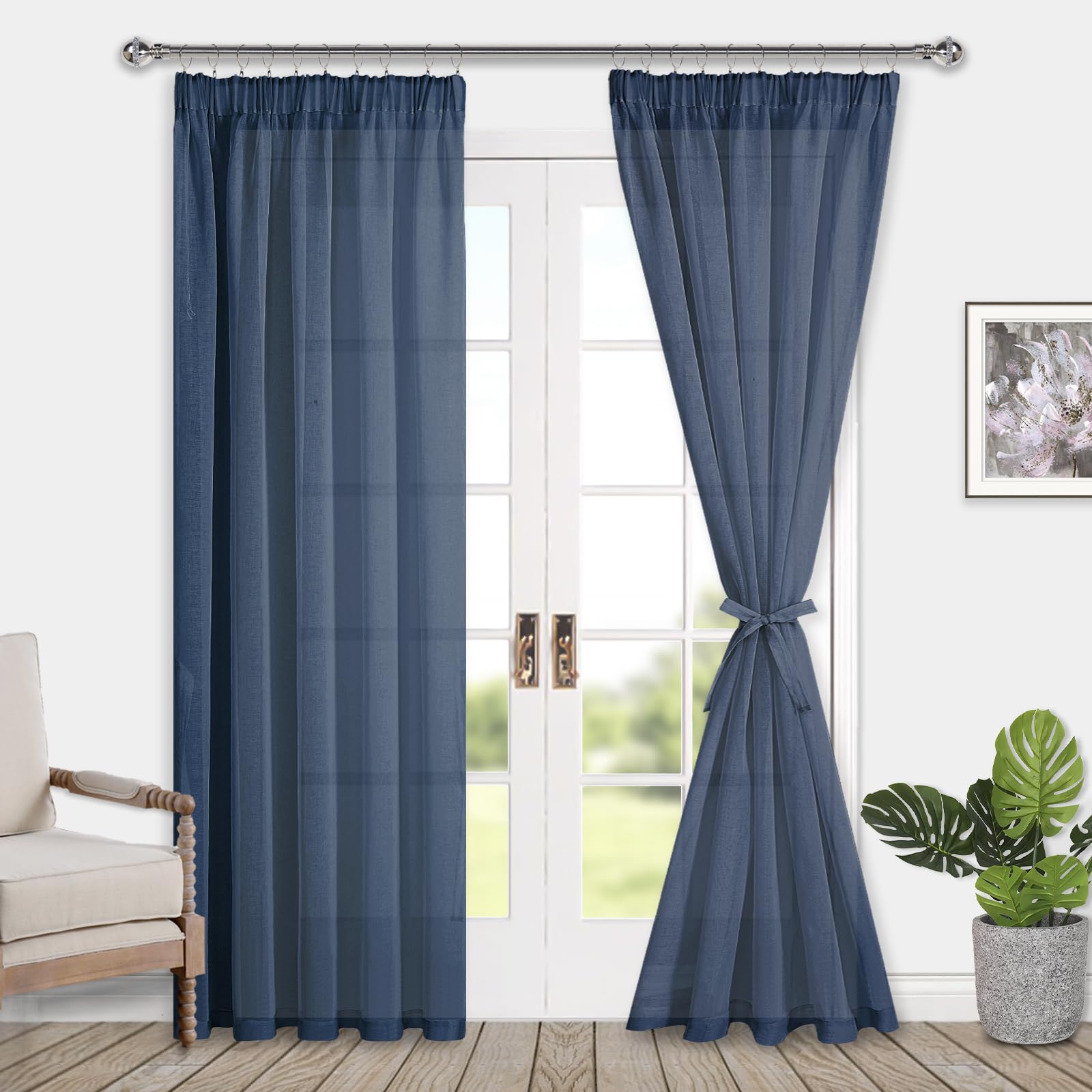 DWCN Navy Blue Voile Curtain Pencil Pleat with Tie Backs Rod Pocket Curtain Sheer for Door 2 Panels, Blue, W55 x L96 Inch