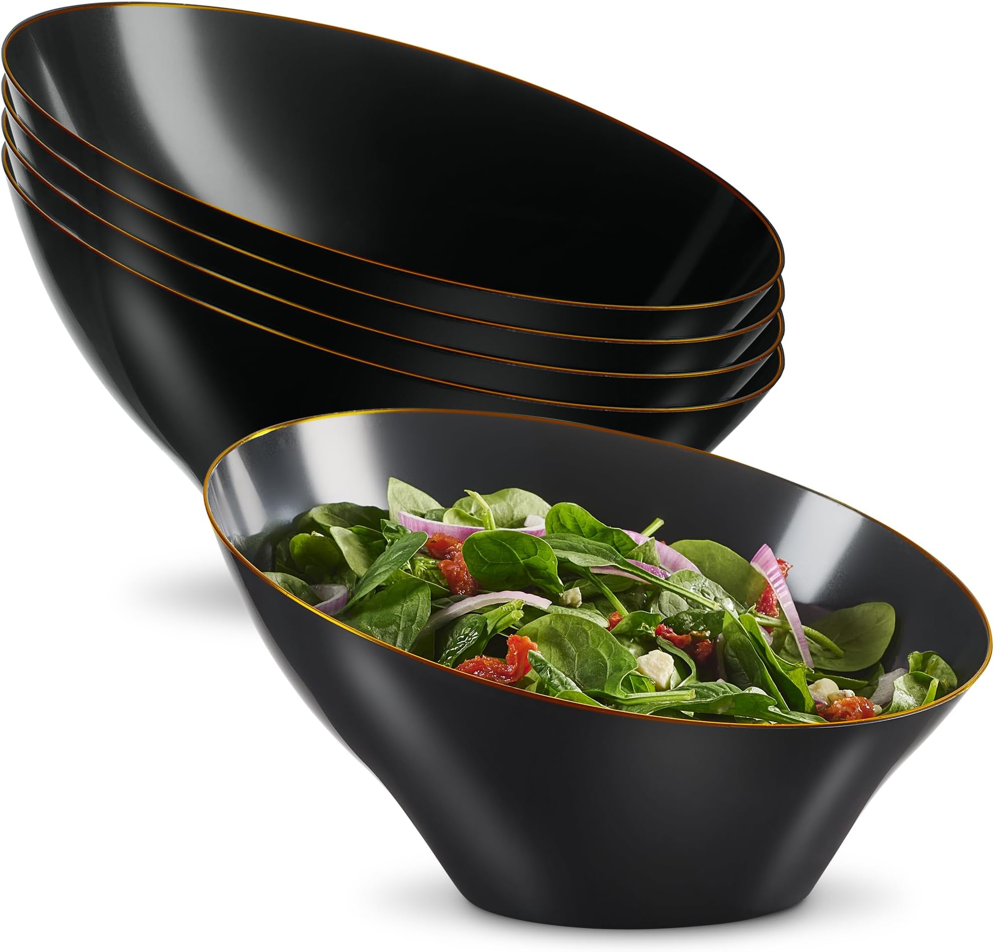 PLASTICPRO Angled Plastic Bowls Disposable Large Plastic Black Serving Bowls with Gold Rim for Party for Appetizer Salads Pack of 4