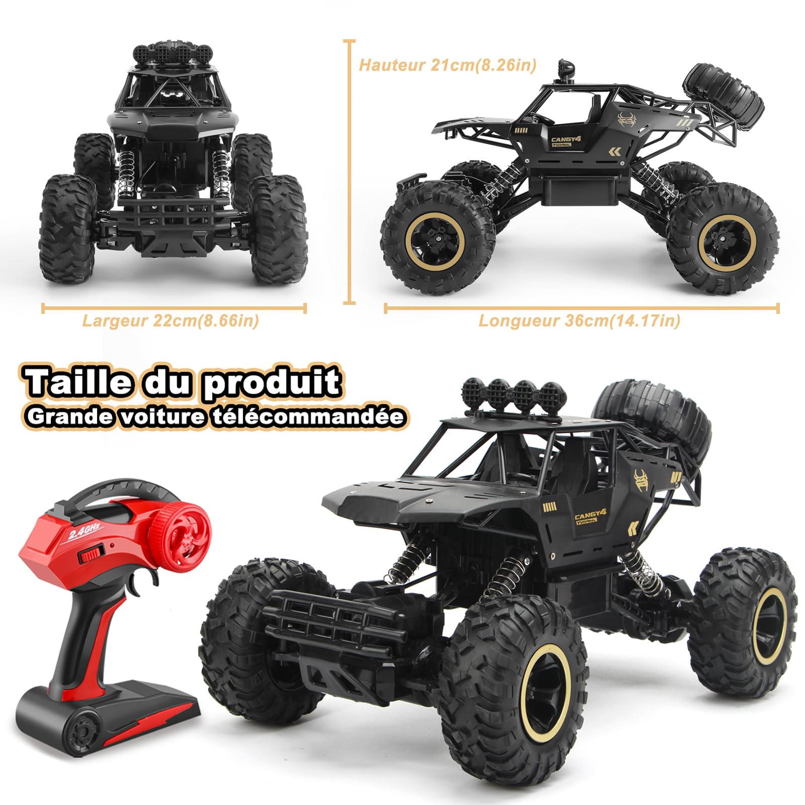 Jiakora 1:12 Grande Voiture télécommandée, 2,4 GHz rc Jouet, 4x4 télécommandée Tout Terrain, Monster Truck avec lumière LED, 2 Batteries, Voiture téléguidée Enfant Cadeau pour garçons de 6 Ans