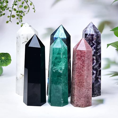 Miniatura 6 de Black Obsidian Towers - Varita grande de piedra de cristal curativa con 6 facetas para regalo de meditación, 1.3-1.7 libras