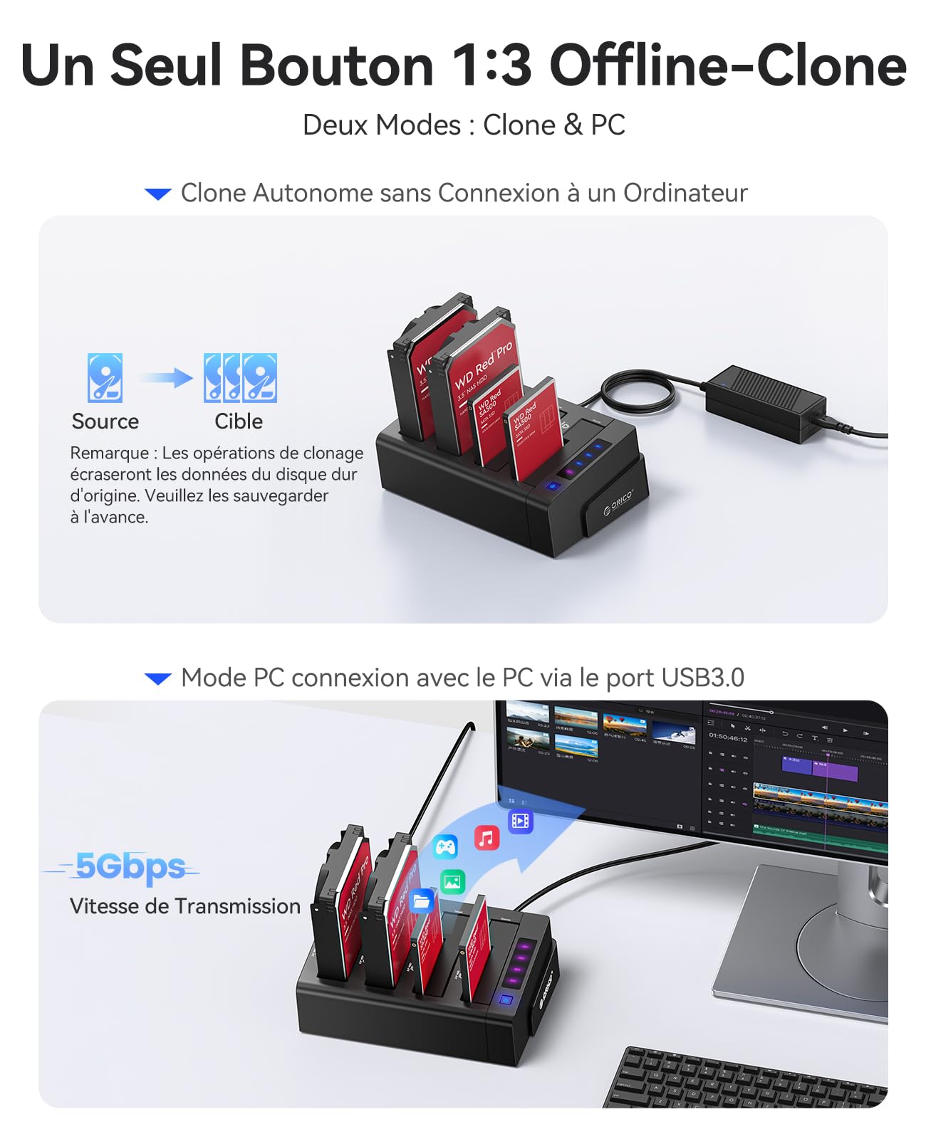 ORICO 4-bay USB 3.0 Hard Disk Docking Station da 2,5 e 3,5 Pollici Disco Rigido, Dock HDD con Non in Linea Clone Funzione, con Adattatore di alimentazione 12V6.5A (6638US3-C)