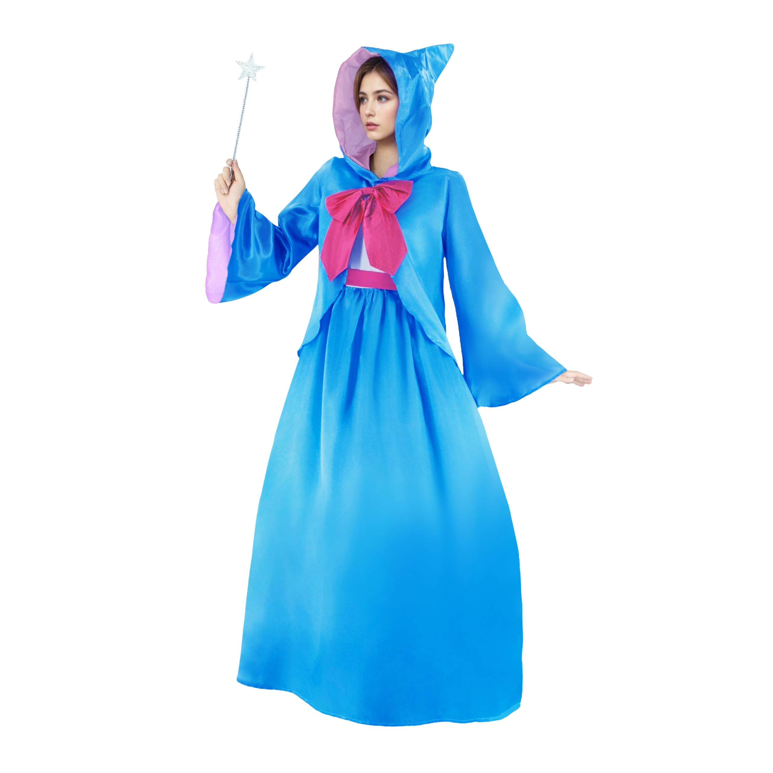 AYYOHON Fairy Godmother Costume Women Hooded Cloak Cape Sleeveless Shirt Dress Magic Wand Bowtie Halloween Cosplay Outfits 2XL