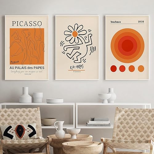 Arte de pared naranja de mediados de siglo, Keith Haring Bauhaus Picasso, arte de pared, póster de la exposición Picasso Bauhaus, lienzo beige y