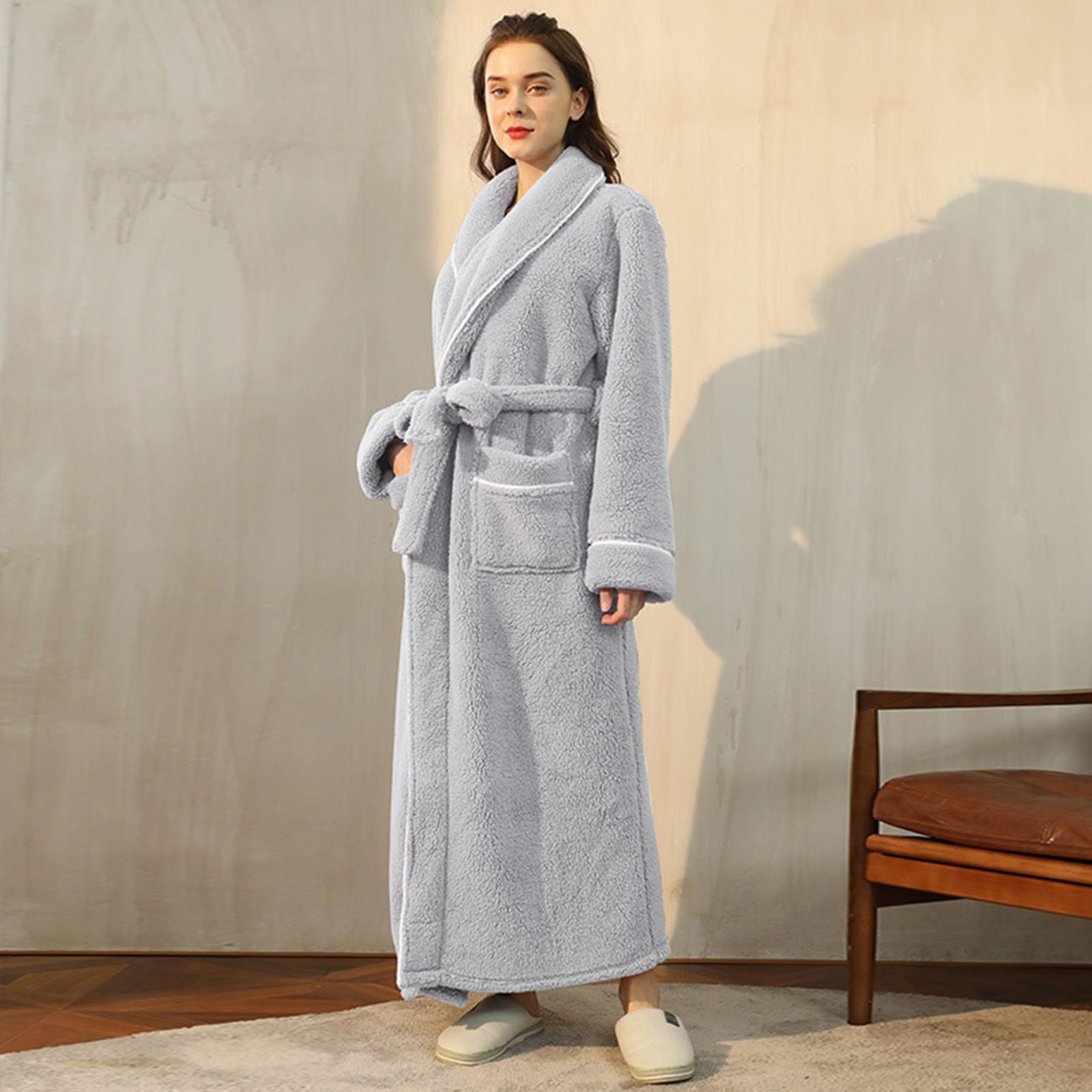 Albornoz de rizo para mujer, sin capucha, de algodón, bata de sauna, albornoz largo y mullido, de forro polar, suave, ropa de dormir acogedora para todas las noches