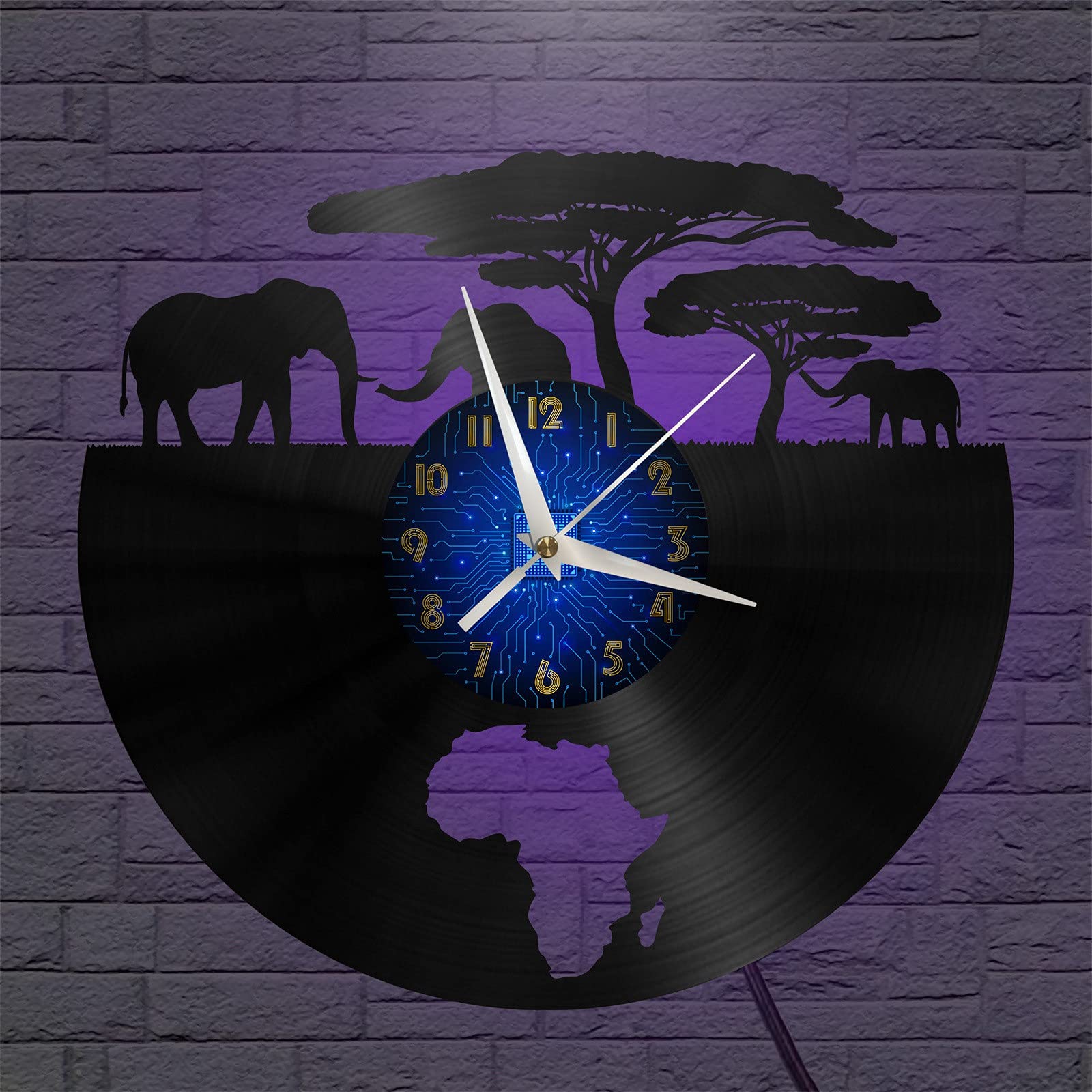 VCS African Territory Elephant theme Vinyl Record vintage Wall Clock for Kitchen(B,with LED)