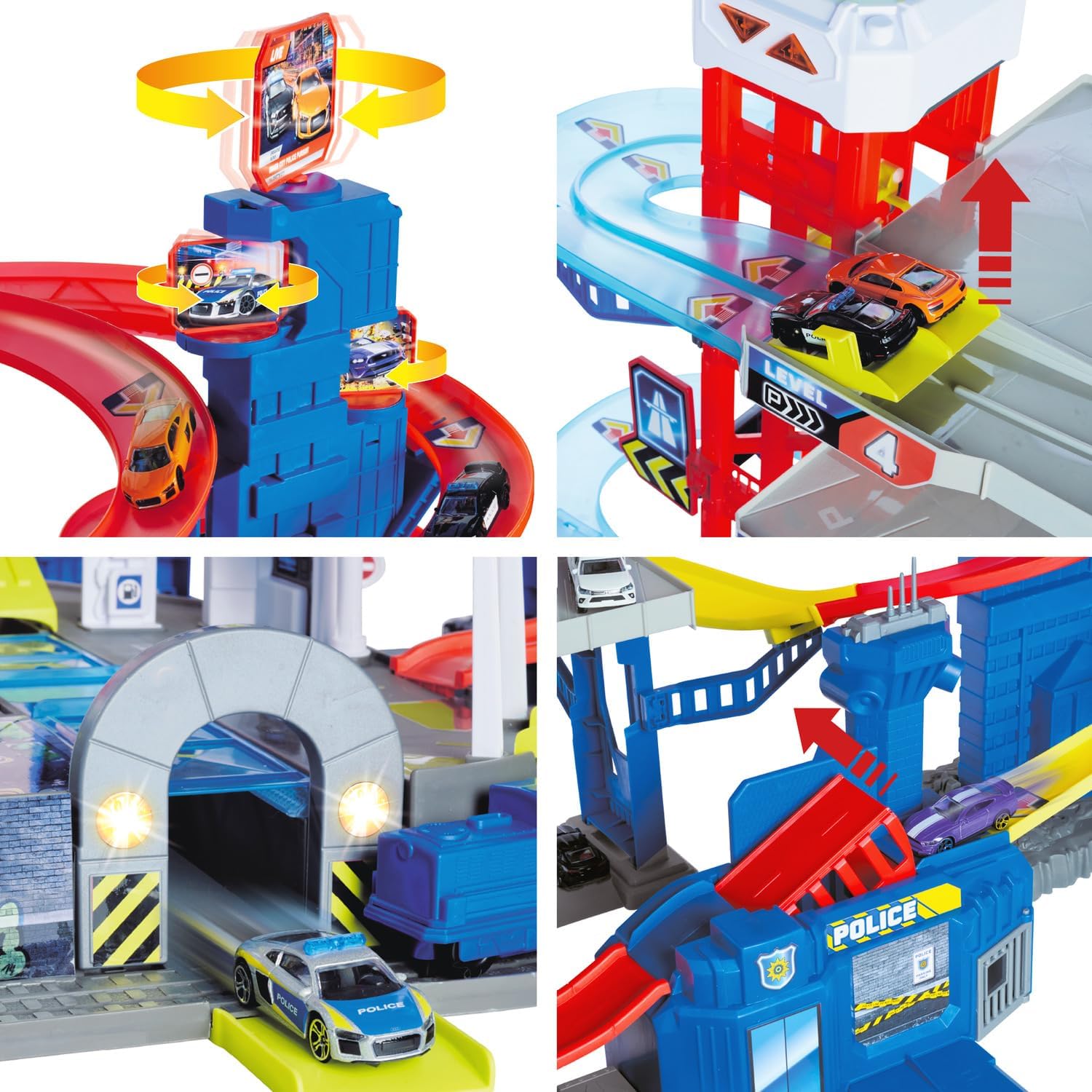 Close-up images showing the motorized elevator lifting a car, a car exiting a tunnel with lights, and a car being 'captured' by the police station trap door.