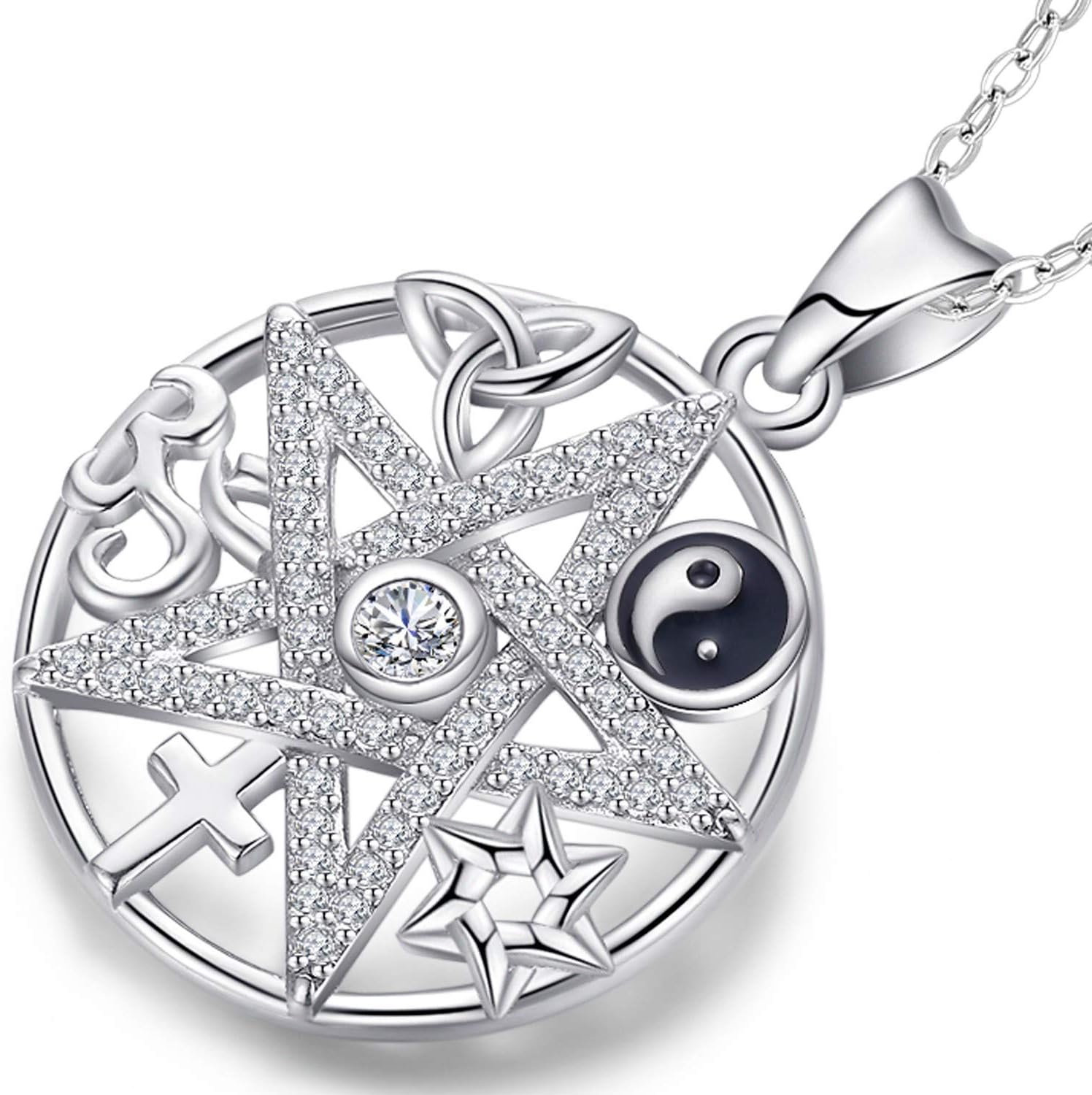 Pentagram Necklace for Women Girls, Sterling Silver Pentacle Star Pendant with Zirconia, Charm Jewellery Quintet Gift - Celtic Knot - OM - Tai Chi - Infinite Triangle