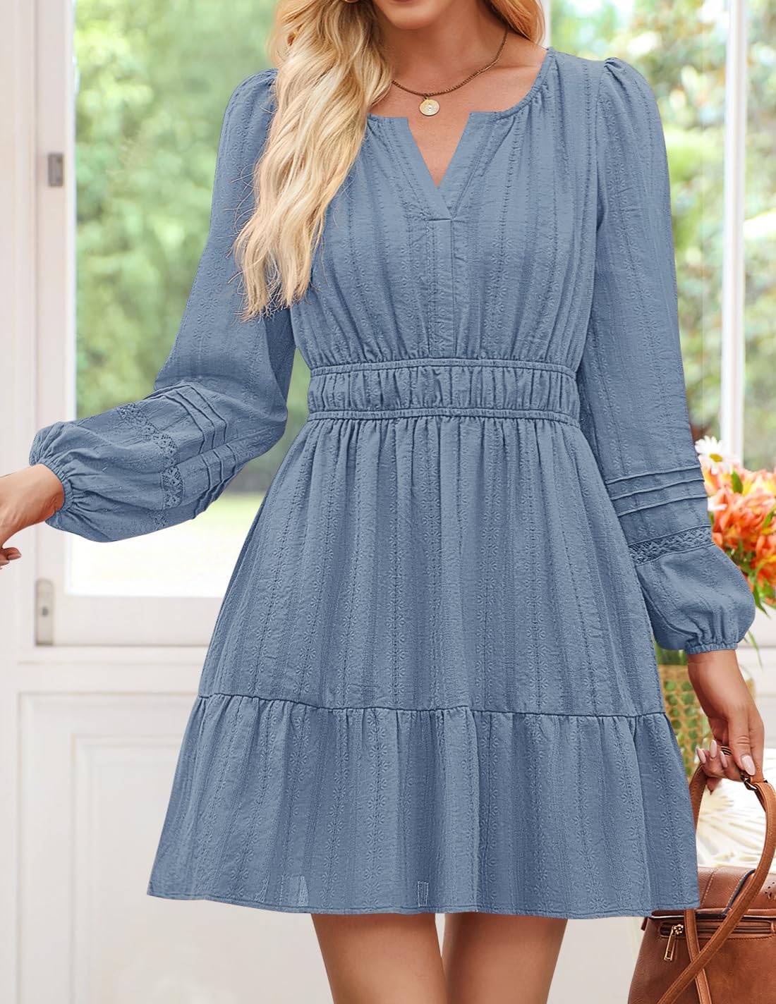 ZESICA Long Sleeve V Neck Mini Dresses for Women 2026 Spring High Waist Ruffle Pleated A Line Cocktail Party Short Dress - Image 7