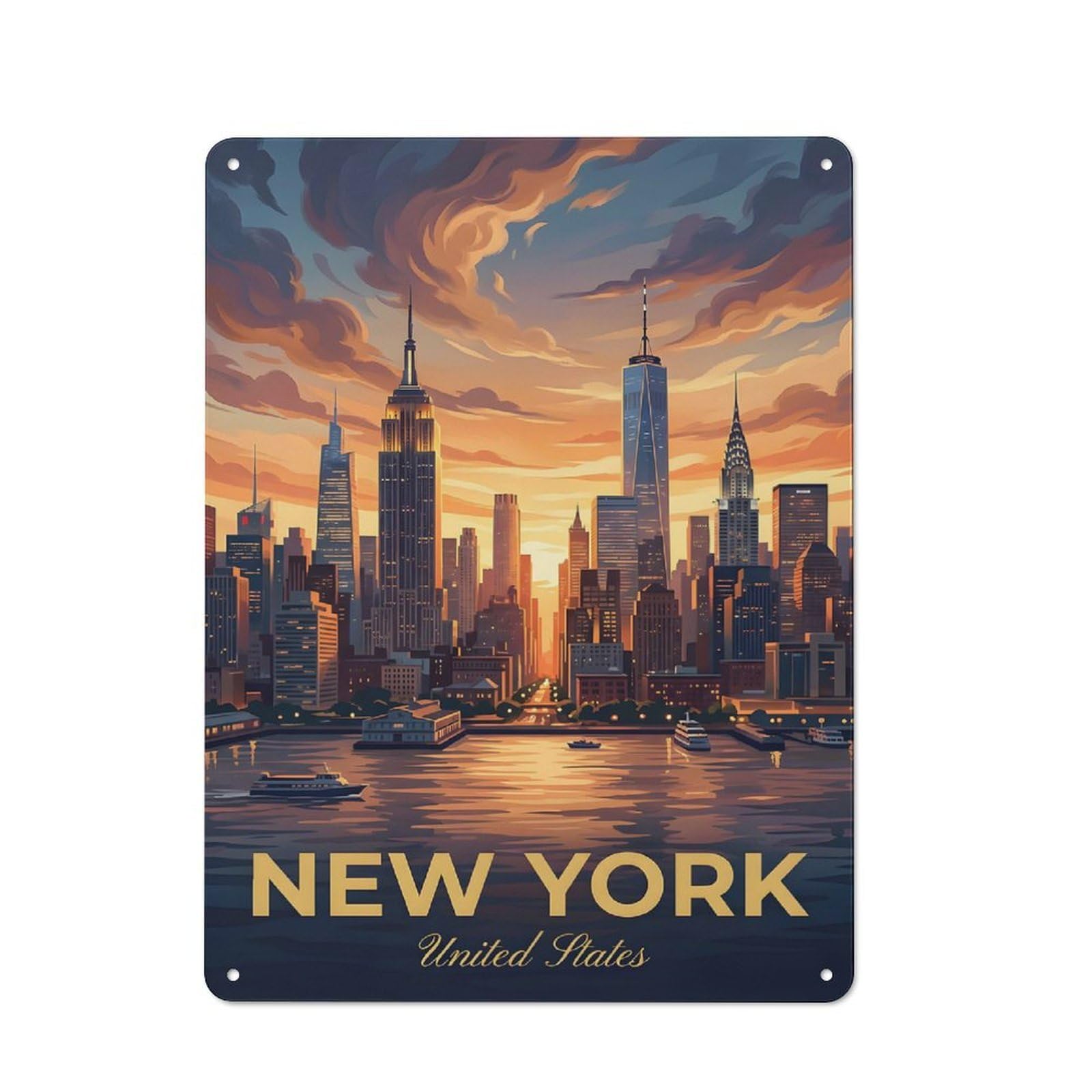 Junmoney Style-15 Metal Wall Sign 40X30cm Featuring New York City Skyline At Sunset(2) For Bar Or Restaurant, Gift For Bar Decor Enthusiasts During The Christmas Season