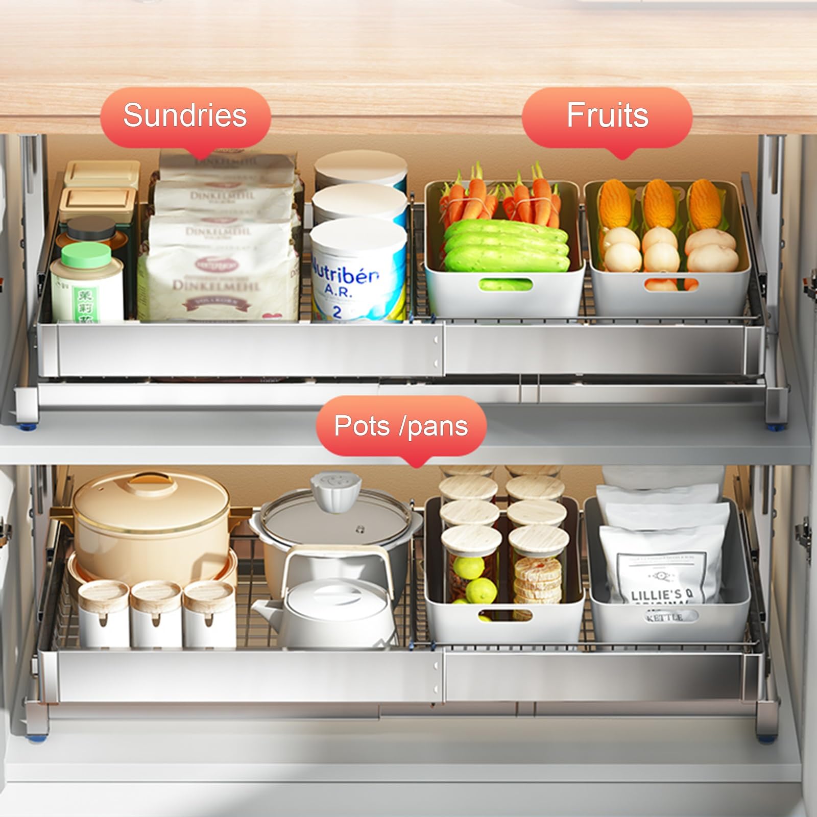 Scaffali estraibili espandibili per cucina, dispensa, bagno, cassetti estraibili, con funzione di srotolamento