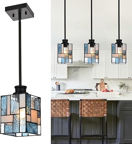 Miniatura 3 de VINLUZ Tiffany Style 1 Lámpara de araña de rayas anchas de cristal para isla de cocina Iluminación colgante para comedor, cafetería, pasillo, entrada