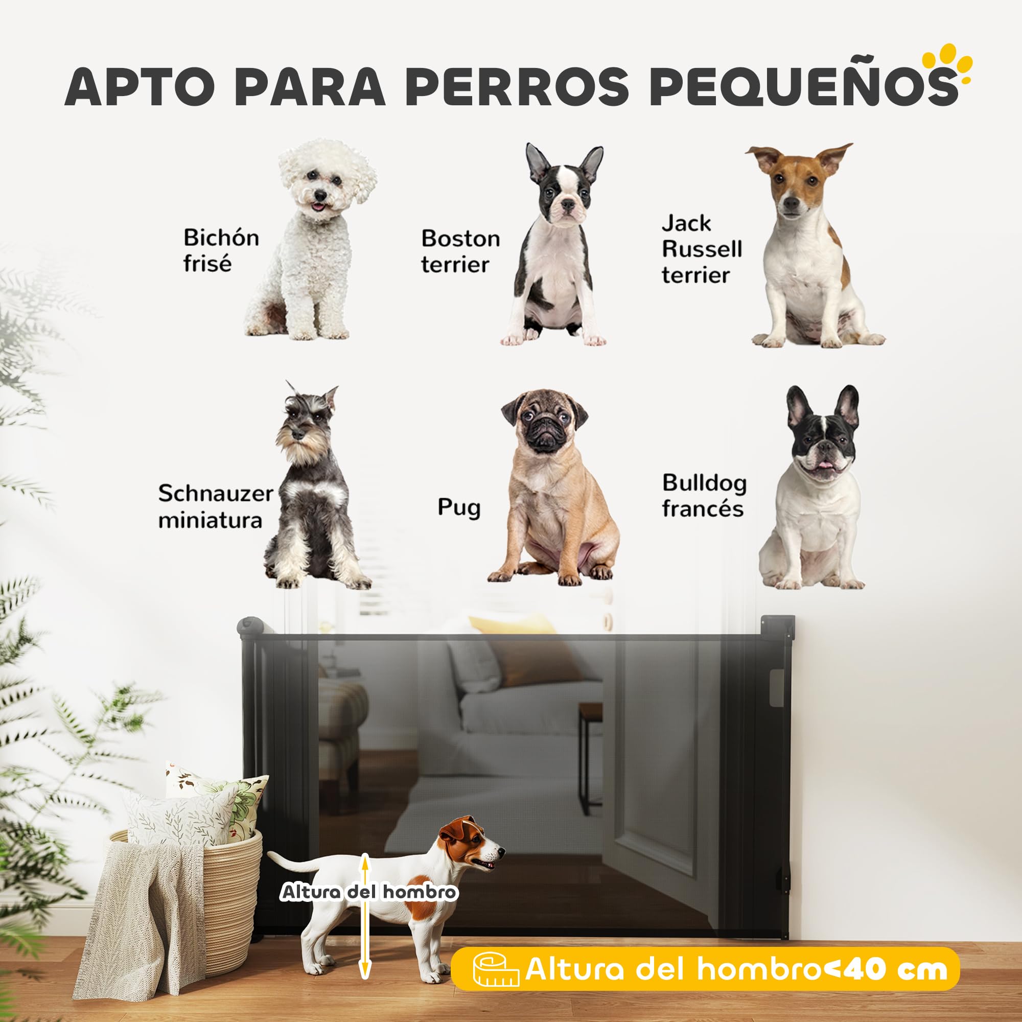 PawHut Barrera para Perros Retráctil 0-125 cm Puerta para Perros Pequeños Extensible Barrera de Seguridad para Mascotas con Interruptor de Cierre para Escaleras Puertas Pasillos Negro