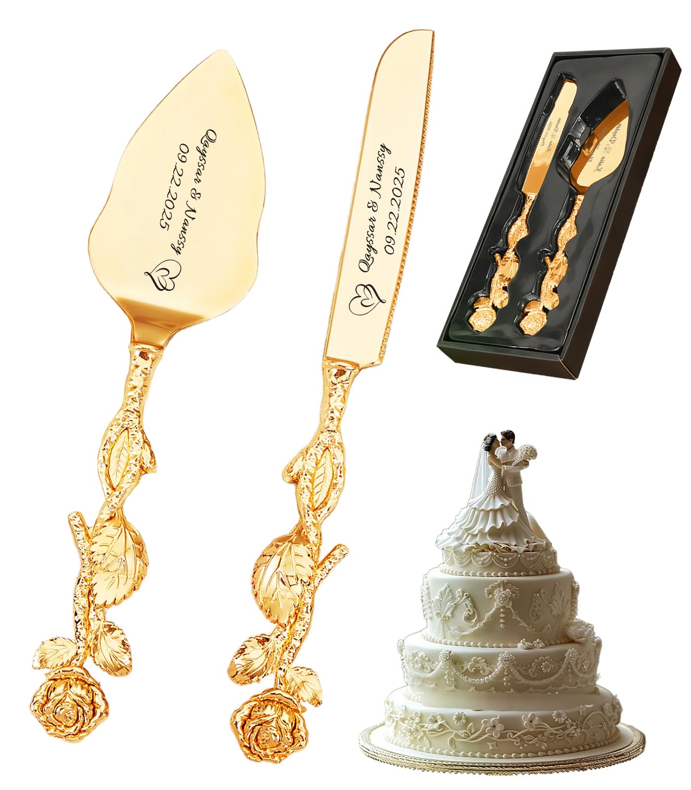 HJX Personalized Cake Knife and Server Set for Wedding - Engraved Stainless Steel Cake Cutting Set, Custom Elegant Cake Cutter Gift for Anniversary