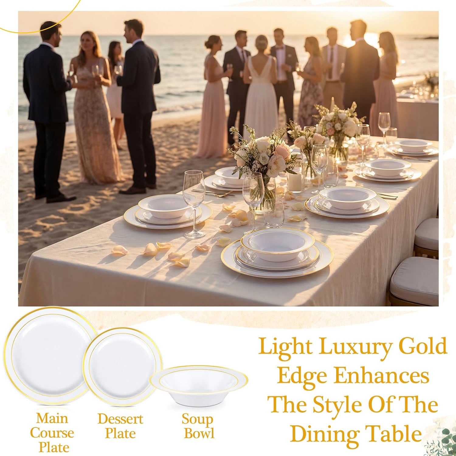 Havawish 150 Pcs Gold Disposable Plastic Plates and Bowls Sets for 50 Guests, Dinnerware Set with Gold Rim 50 Plates 50 Dessert Plate 50 Bowls for Wedding Anniversary Birthday Party