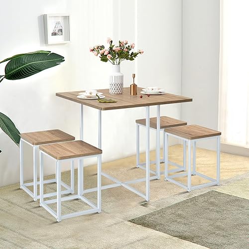 Miniatura 7 de Giantex Juego de mesa de comedor de 5 piezas, juego de comedor para 4 personas con taburetes cuadrados, juego de mesa de cocina pequeña con marco de