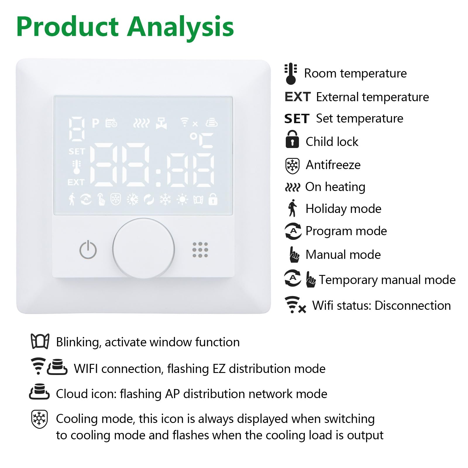 Wengart WLAN-Heizthermostat WG510,Drehen zum Einstellen der Temperatur, Heiz- und Kältemodi einstellbar,AC 230 V,3 A,2,4 GHz,funktioniert für Fußbodenheizung,Alexa Google Home-kompatibles Thermostat