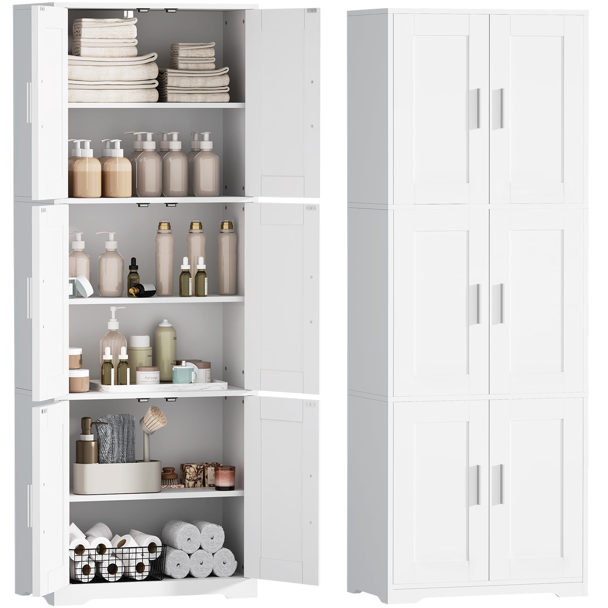 Armario de Baño de 6 Puertas, Armario de Baño de Columna Alta | Mueble de Baño con 3 Estantes Ajustables, Apto para el Baño, el Salón y la Cocina, Blanco, 30 × 60 × 170 cm, EXYYG023W