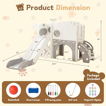 10-in-1 Toddler Slide Playset,Indoor Playground for Kids 1-3 and Toddler Outdoor playset with Golf Set, Basketball Hoop, Climbing Frame, Drawing Board and Steering Wheel, Gray & White