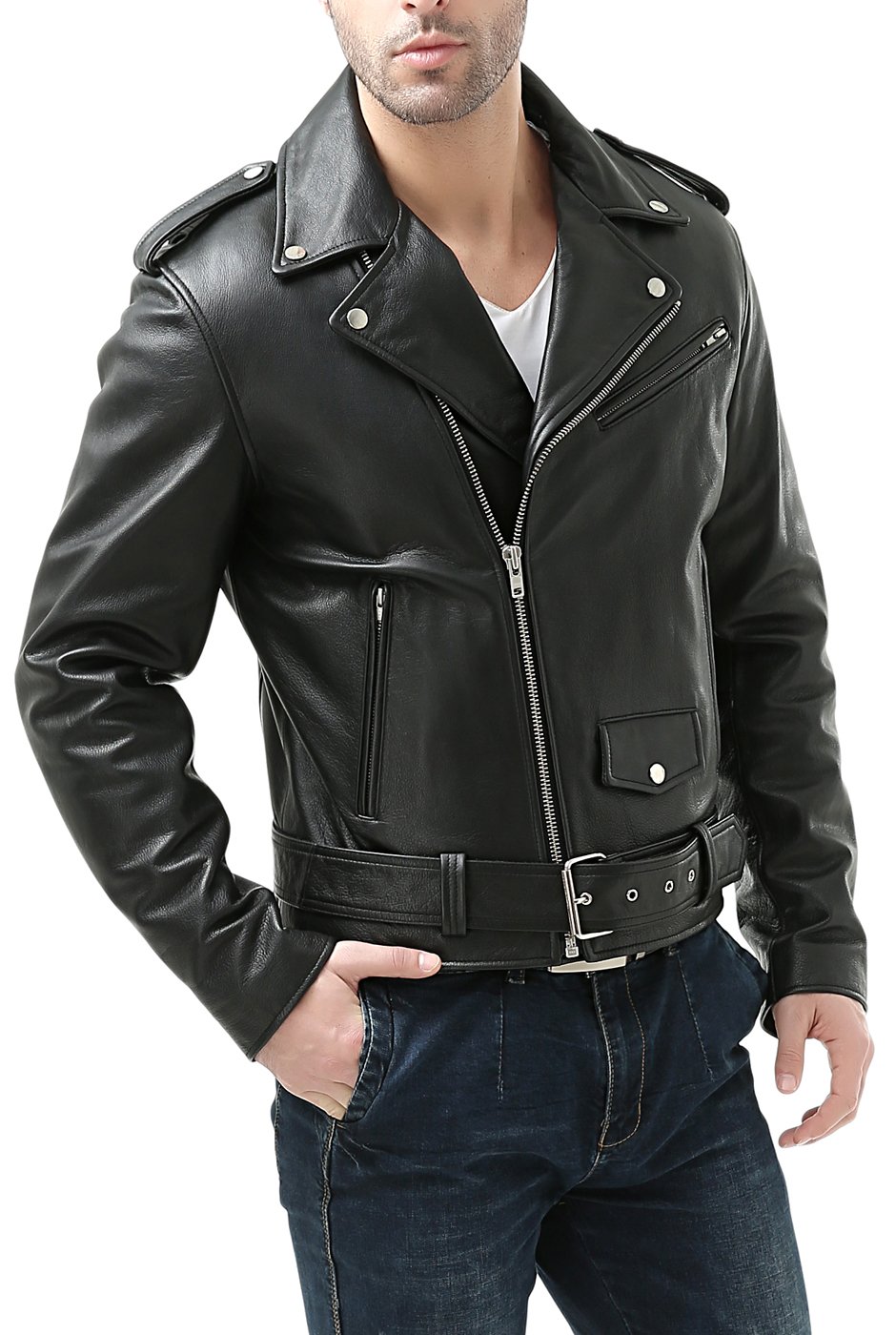 BGSD Men Classic Cowhide Leather Motorcycle Jacket (Also available in Big and Tall)