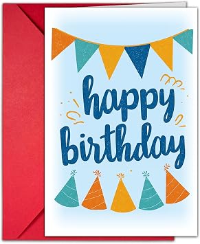 Happy Birthday Card for Women & Men - Colorful Bunting Flags & Party Hats Design - Premium 300gsm Birthday Party Greeting Card with Red Envelope for Coworker, Boss, Best Friend